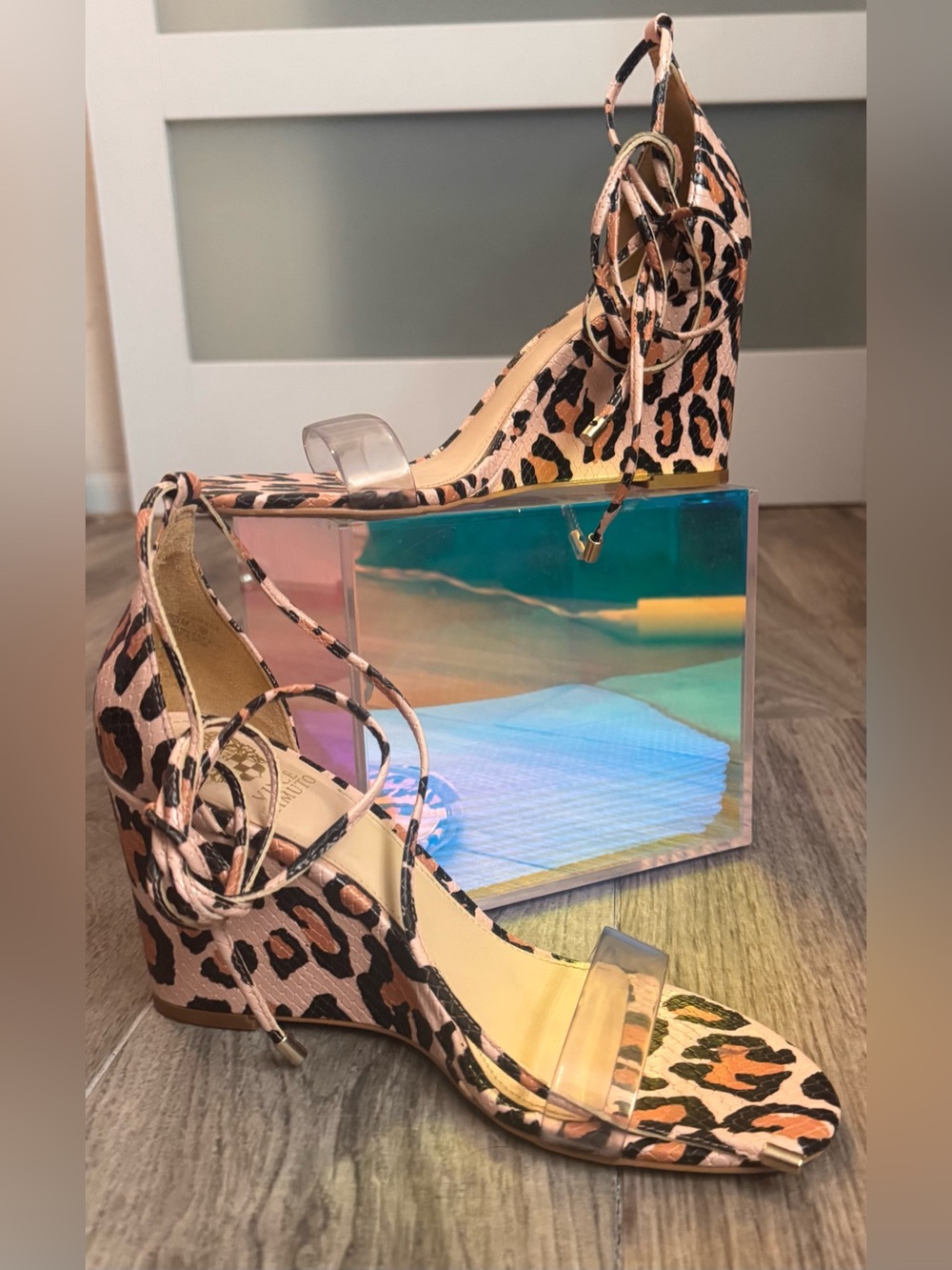 Vince Camuto Leopard-Print Pink Ankle-Tie Wedge Sandals - Picture 7 of 8